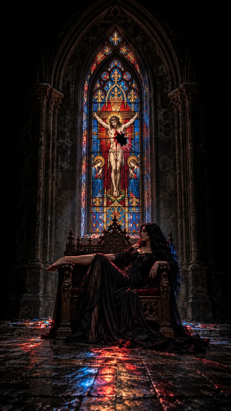A dark-haired woman in a black gown reclines on a carved throne beneath a shattered stained-glass crucifixion window, coloured light spilling across the stone floor.